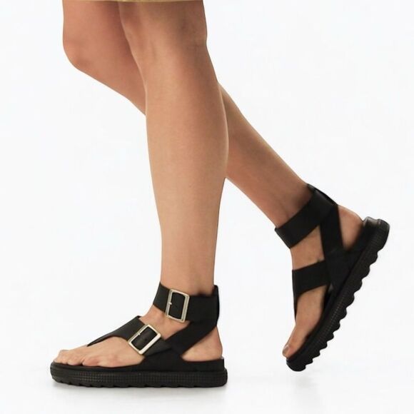 Sorel Roaming T-Strap Buckle Sandals Size 5.5 Black Leather Strappy Rugged Sole - Picture 2 of 16